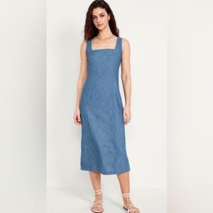 Blue Square-Neck Denim Midi Dress Old Navy